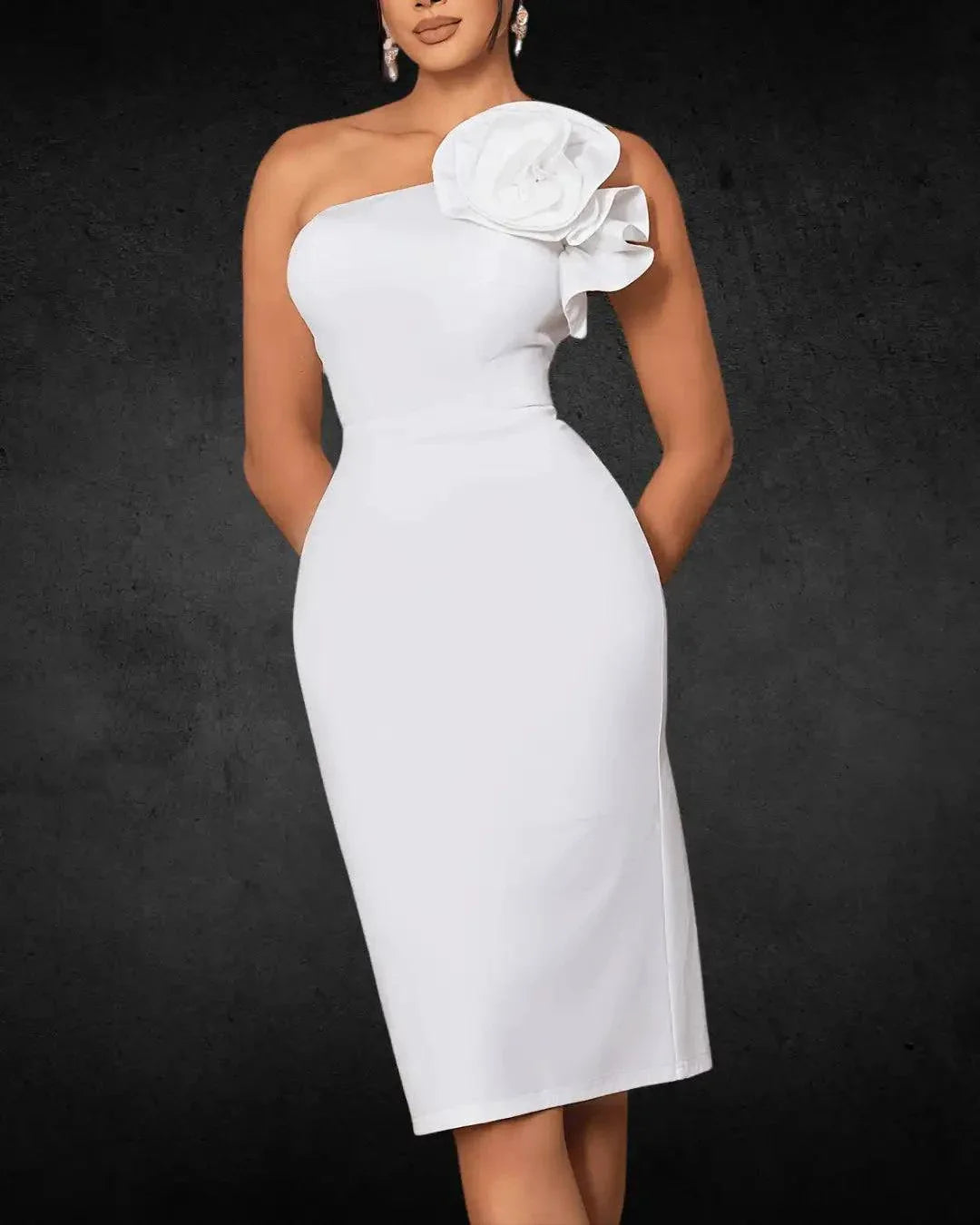 Designer One-Shoulder Bodycon Bridal Dress with Zipper Detail, Solid Color, Polyester-Elastane Blend