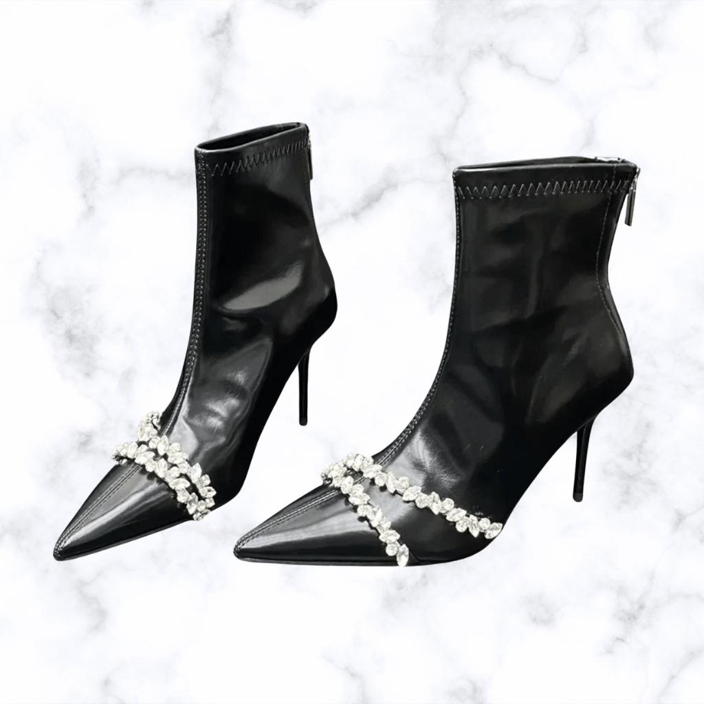 Designer Punk-Style Women's Ankle Boots with Crystal Embellishments, Pointed Toe, Thin High Heels, and Zipper