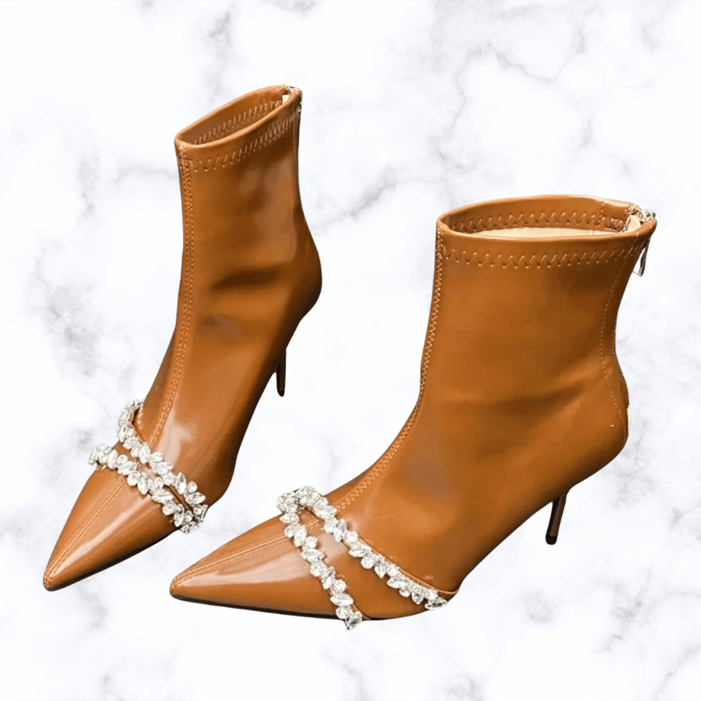 Designer Punk-Style Women's Ankle Boots with Crystal Embellishments, Pointed Toe, Thin High Heels, and Zipper