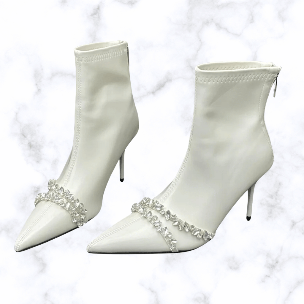 Designer Punk-Style Women's Ankle Boots with Crystal Embellishments, Pointed Toe, Thin High Heels, and Zipper