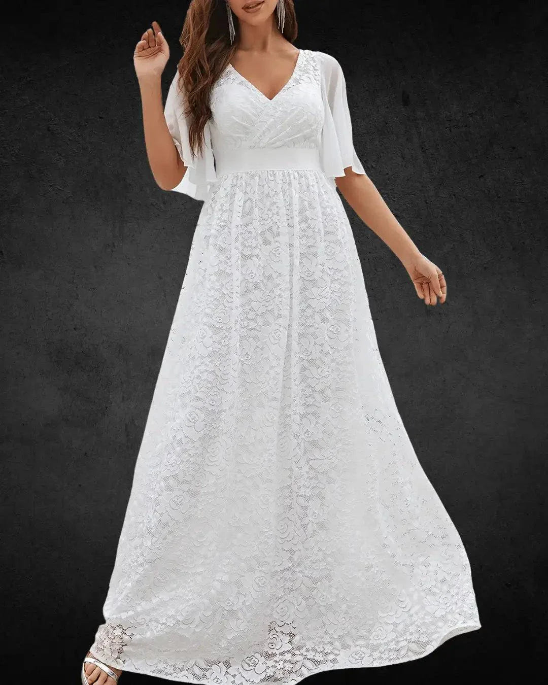 Designer Wedding Dress with Full Skirt, White Lace Design, Chiffon Fabric, and V-Neck with Lace Sleeves - VougeVampUK