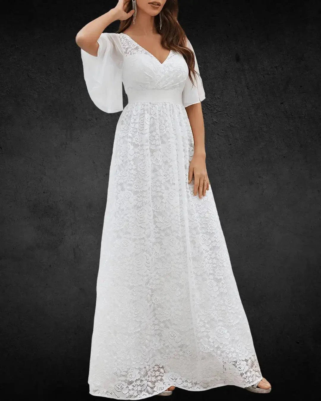 Designer Wedding Dress with Full Skirt, White Lace Design, Chiffon Fabric, and V-Neck with Lace Sleeves - VougeVampUK