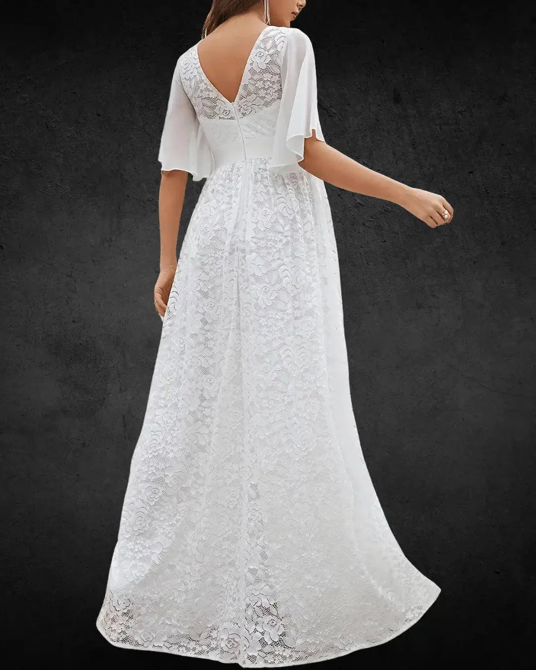 Designer Wedding Dress with Full Skirt, White Lace Design, Chiffon Fabric, and V-Neck with Lace Sleeves - VougeVampUK