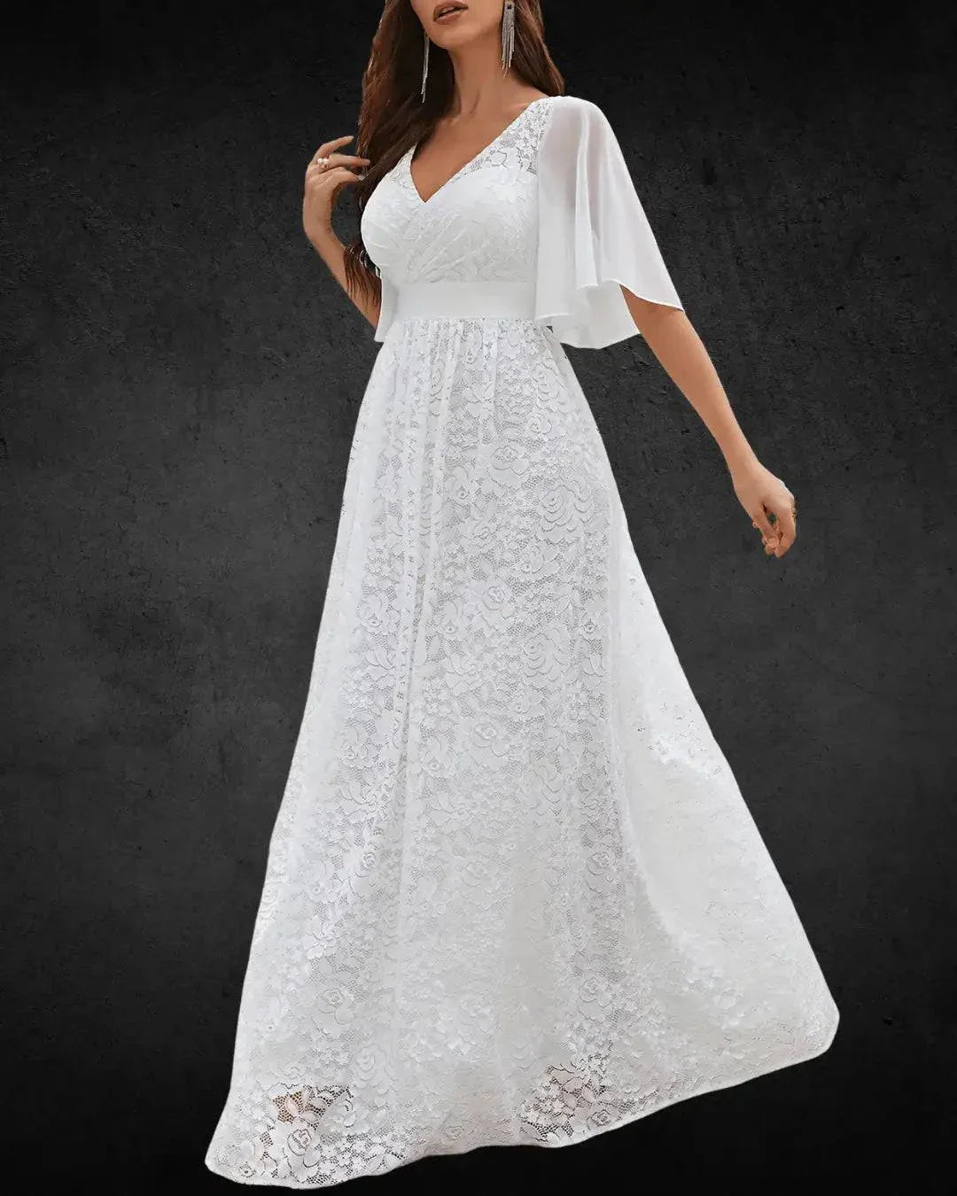 Designer Wedding Dress with Full Skirt, White Lace Design, Chiffon Fabric, and V-Neck with Lace Sleeves - VougeVampUK