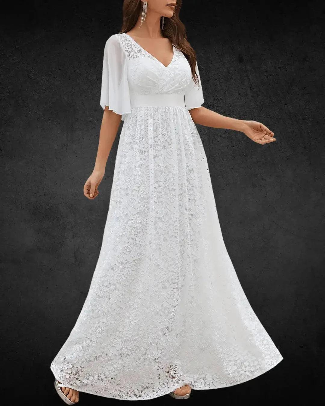 Designer Wedding Dress with Full Skirt, White Lace Design, Chiffon Fabric, and V-Neck with Lace Sleeves - VougeVampUK