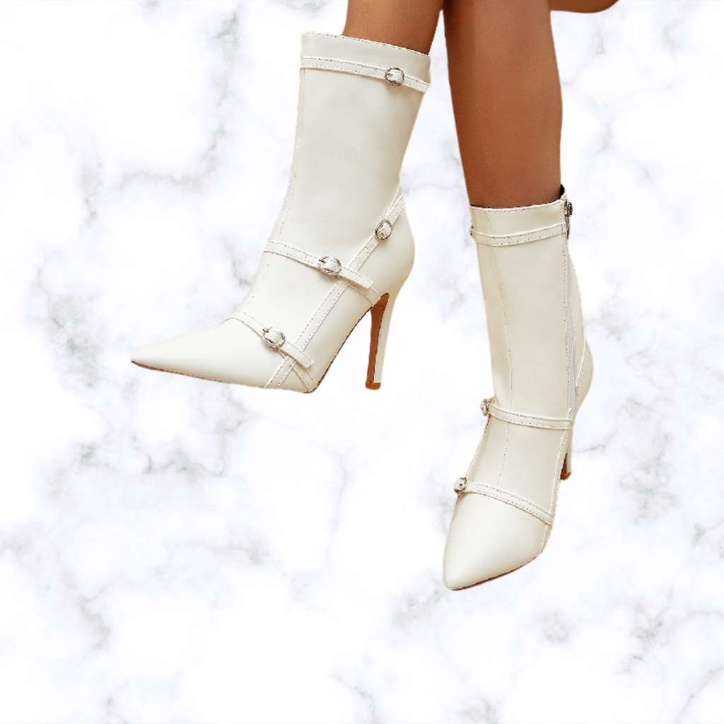 Designer White Women's Ankle Boots with Pointed Toe, Belt Buckle, Thin High Heels, and Side Zipper