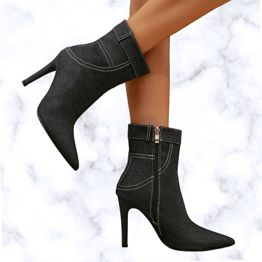 Designer Winter Black Denim Pointed Toe Ankle Boots for Women, Elegant Thin High Heel Chelsea Side Zipper Shoes