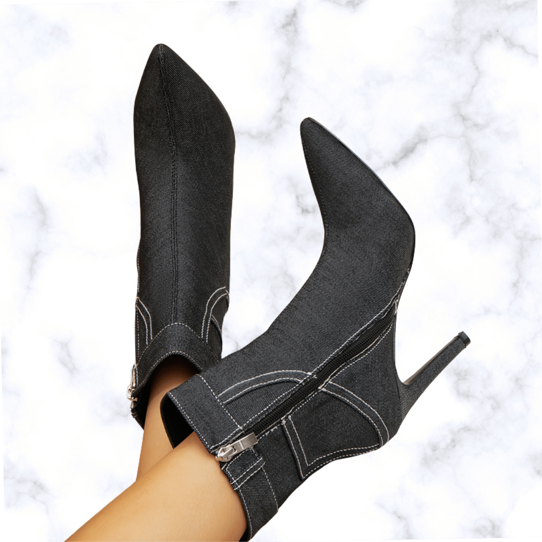Designer Winter Black Denim Pointed Toe Ankle Boots for Women, Elegant Thin High Heel Chelsea Side Zipper Shoes