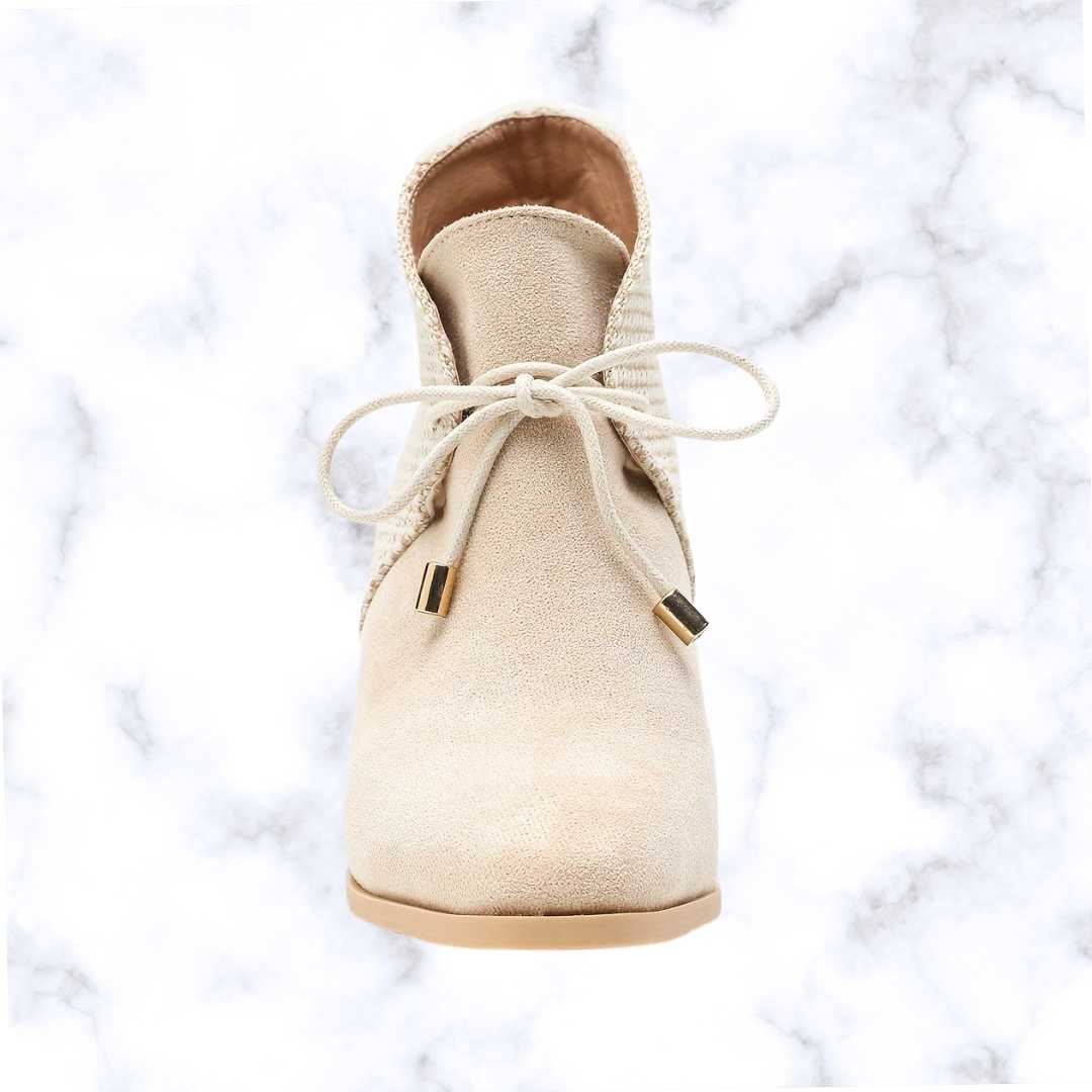 Elegant Beige Lace-Up Ankle Boots for Women – Square Toe, Chunky Heel, Comfortable All-Season Dress Shoes