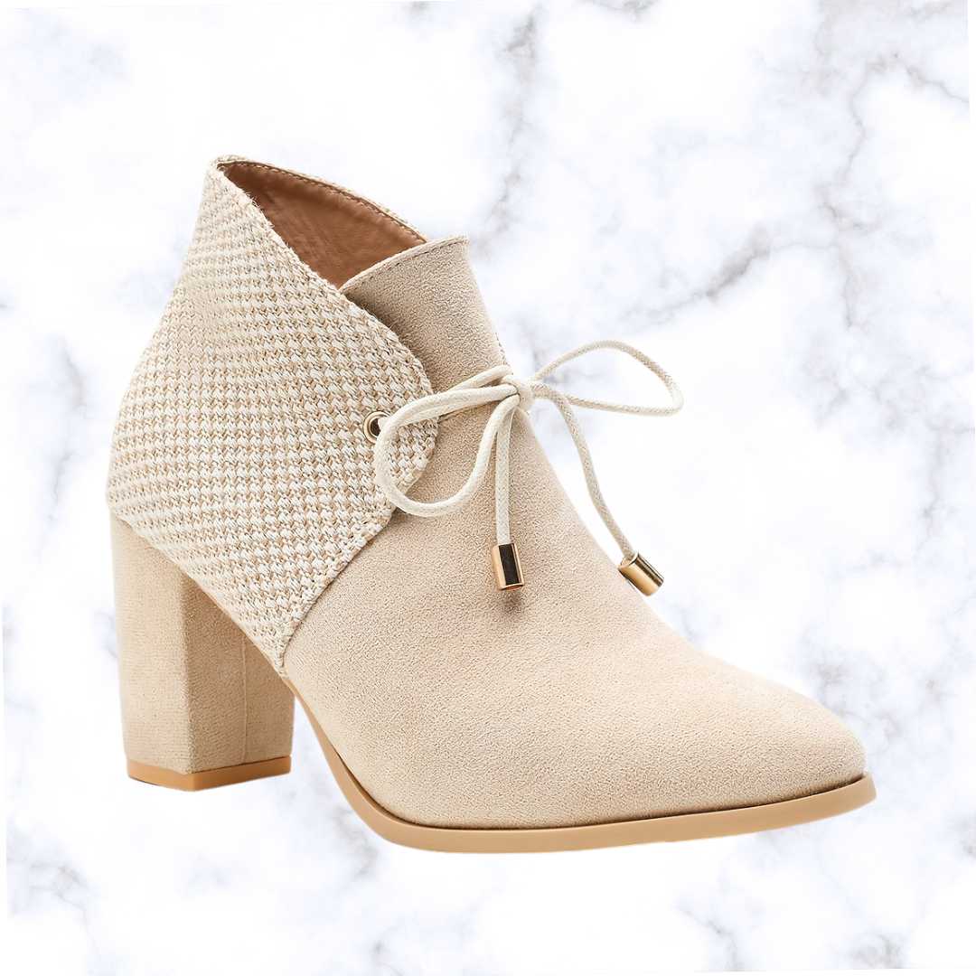 Elegant Beige Lace-Up Ankle Boots for Women – Square Toe, Chunky Heel, Comfortable All-Season Dress Shoes