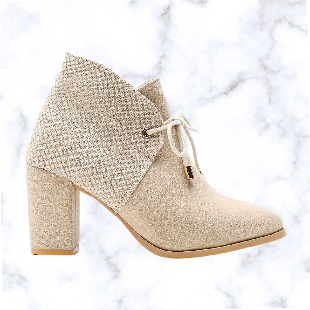 Elegant Beige Lace-Up Ankle Boots for Women – Square Toe, Chunky Heel, Comfortable All-Season Dress Shoes