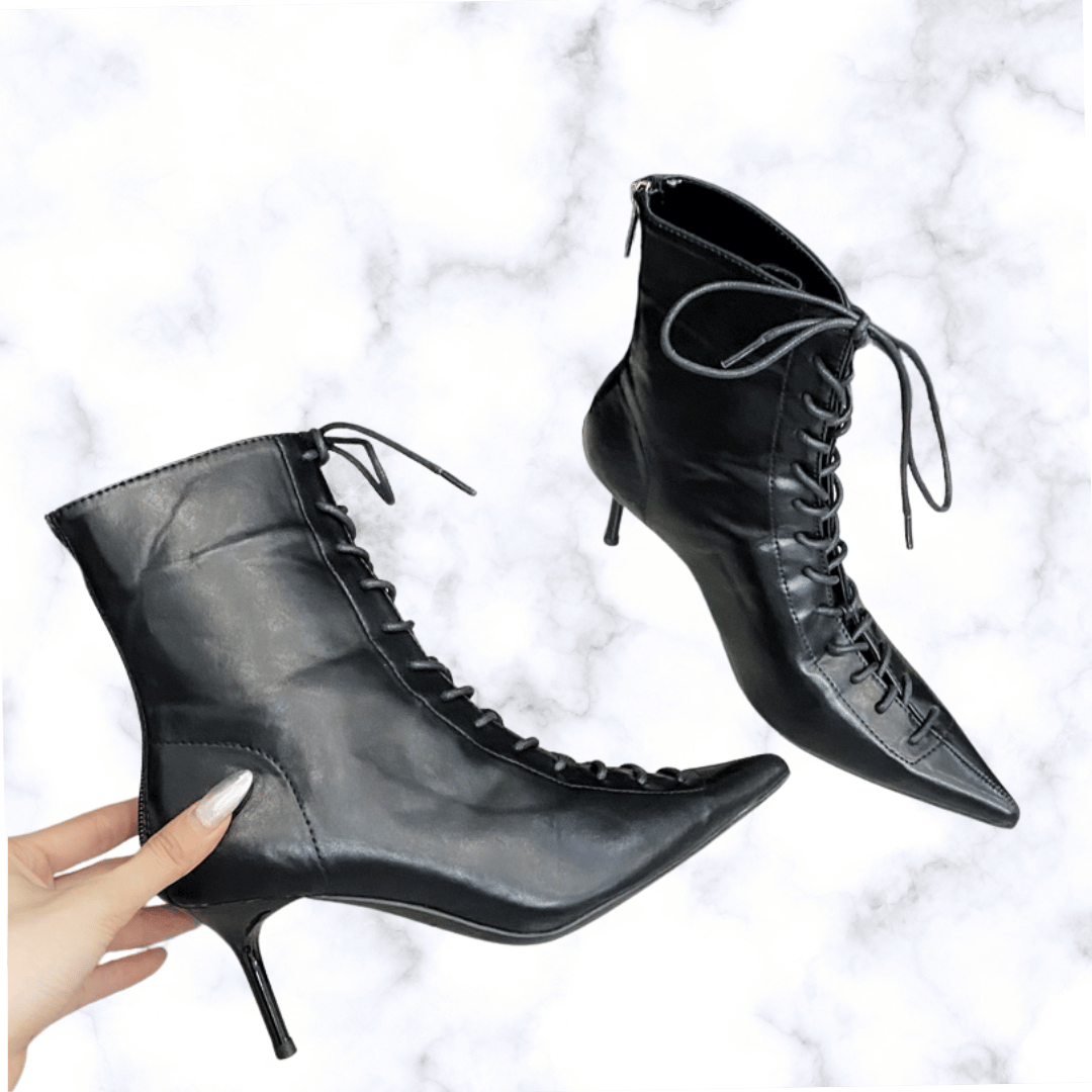 Elegant Designer Pointed Toe T-Tied Lace-Up Ankle Boots for Women – Thin High Heels
