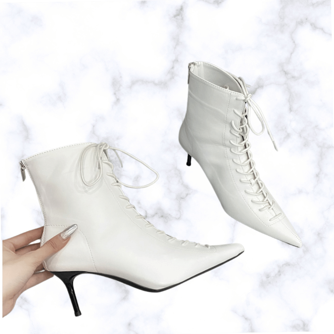 Elegant Designer Pointed Toe T-Tied Lace-Up Ankle Boots for Women – Thin High Heels