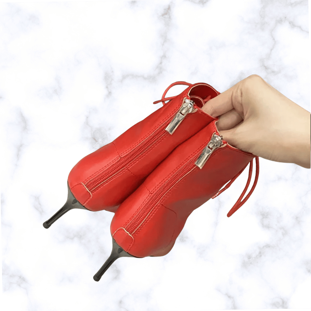 Elegant Designer Pointed Toe T-Tied Lace-Up Ankle Boots for Women – Thin High Heels