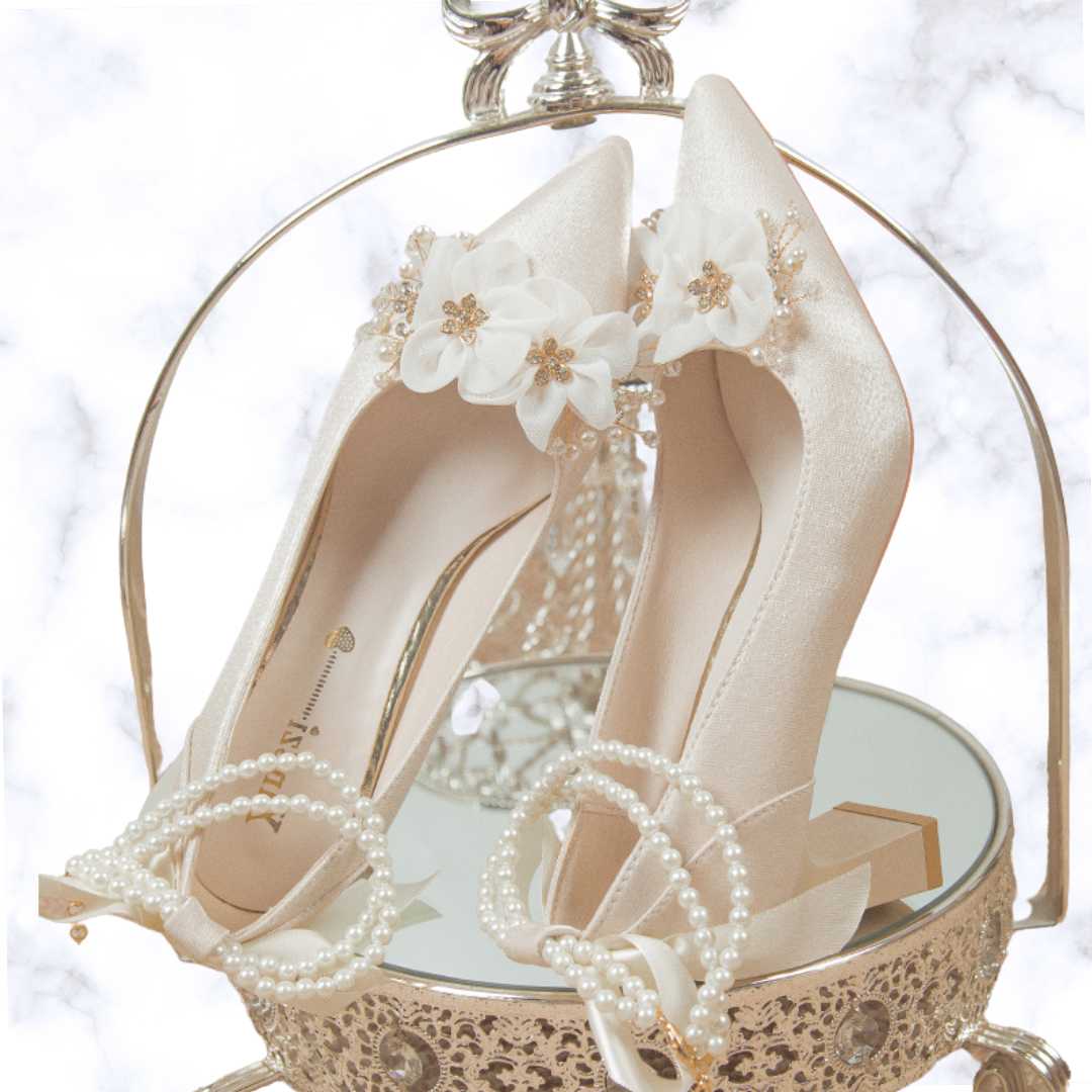 Elegant Floral High Heel Pumps for Women – Pearl Ankle Strap Wedding Shoes with Beaded String