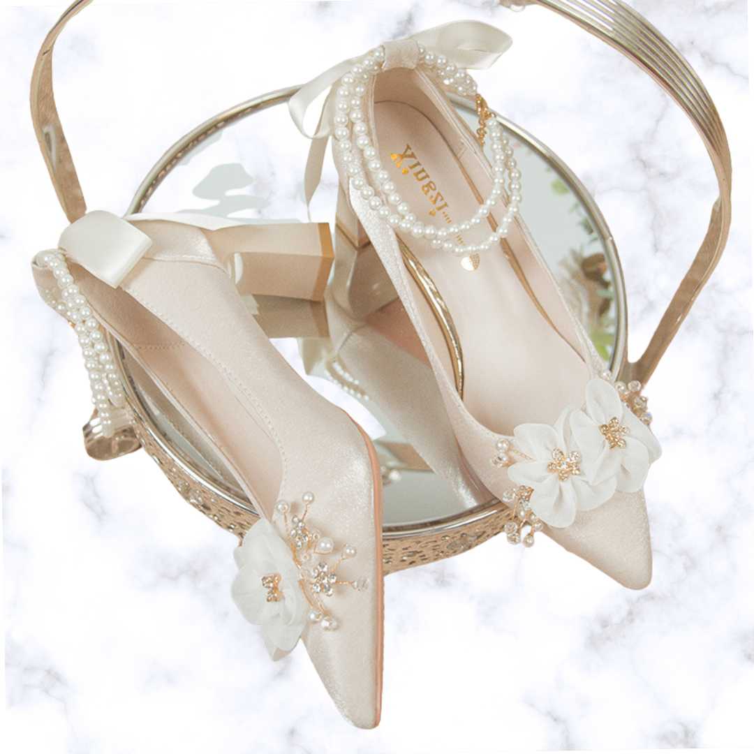 Elegant Floral High Heel Pumps for Women – Pearl Ankle Strap Wedding Shoes with Beaded String