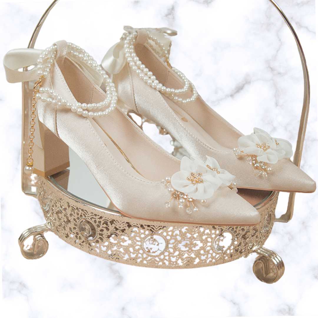 Elegant Floral High Heel Pumps for Women – Pearl Ankle Strap Wedding Shoes with Beaded String