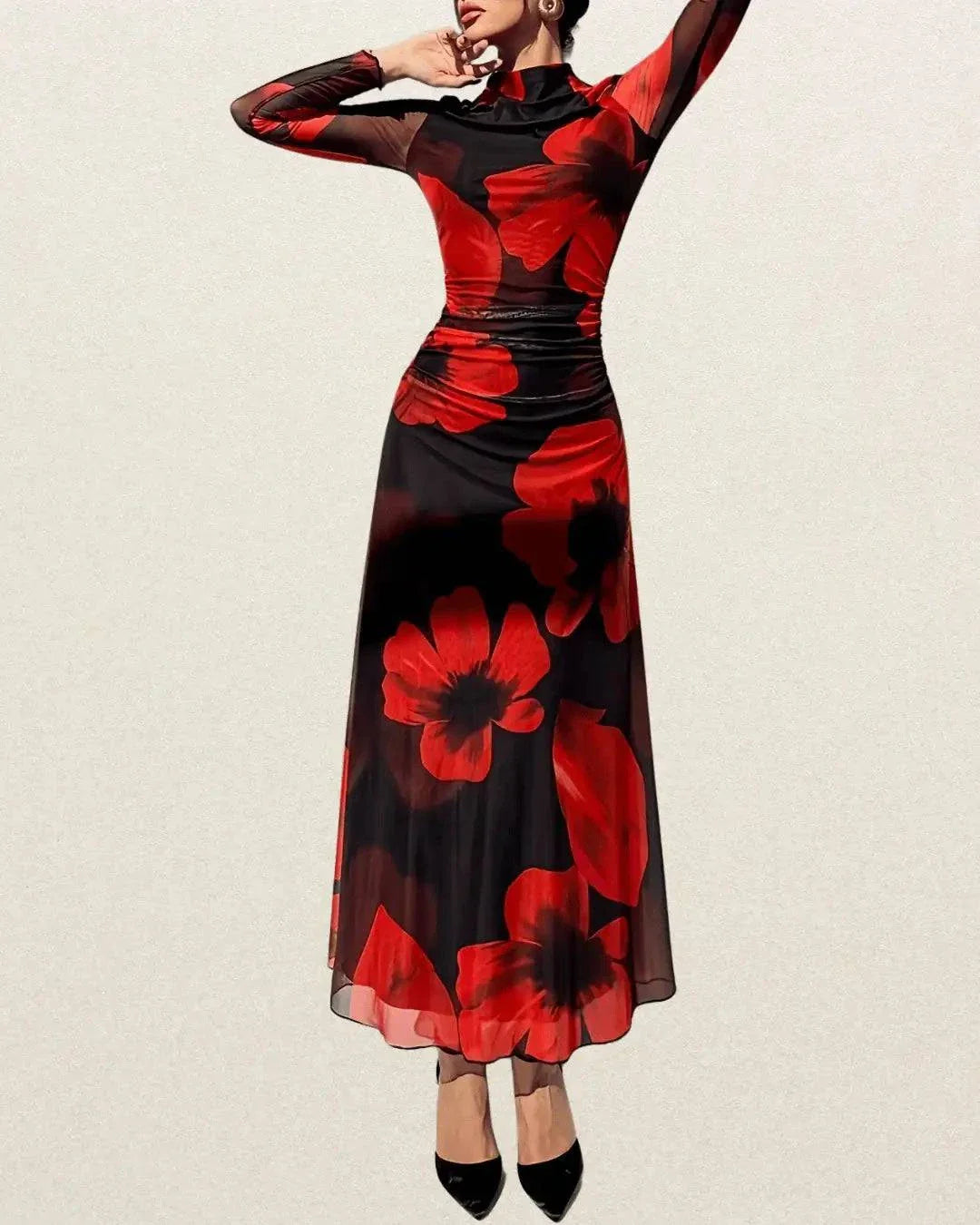 Elegant Floral Print Mesh Splicing Dress – Long Sleeve Bodycon for Spring & Fall - VougeVampUK