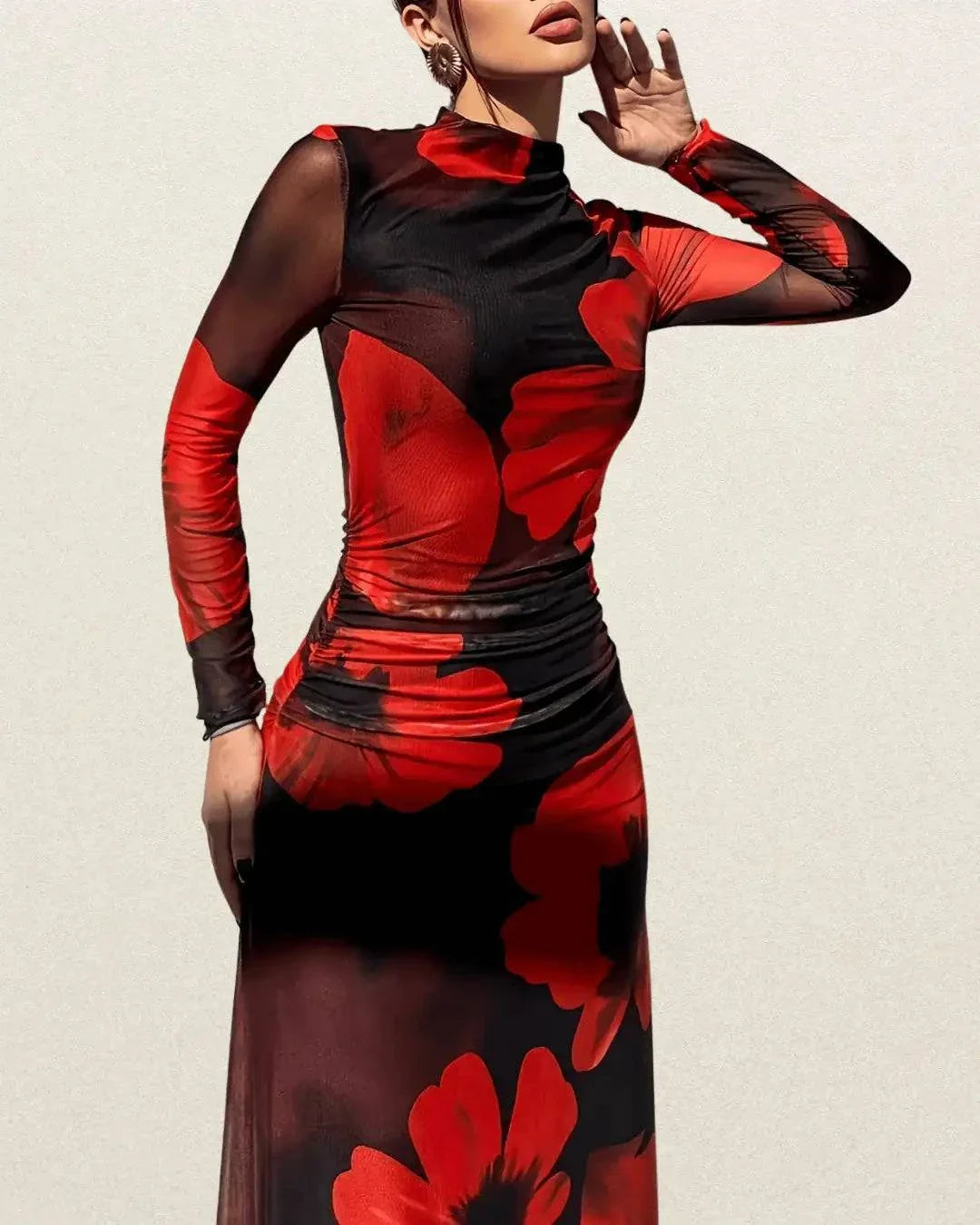 Elegant Floral Print Mesh Splicing Dress – Long Sleeve Bodycon for Spring & Fall - VougeVampUK