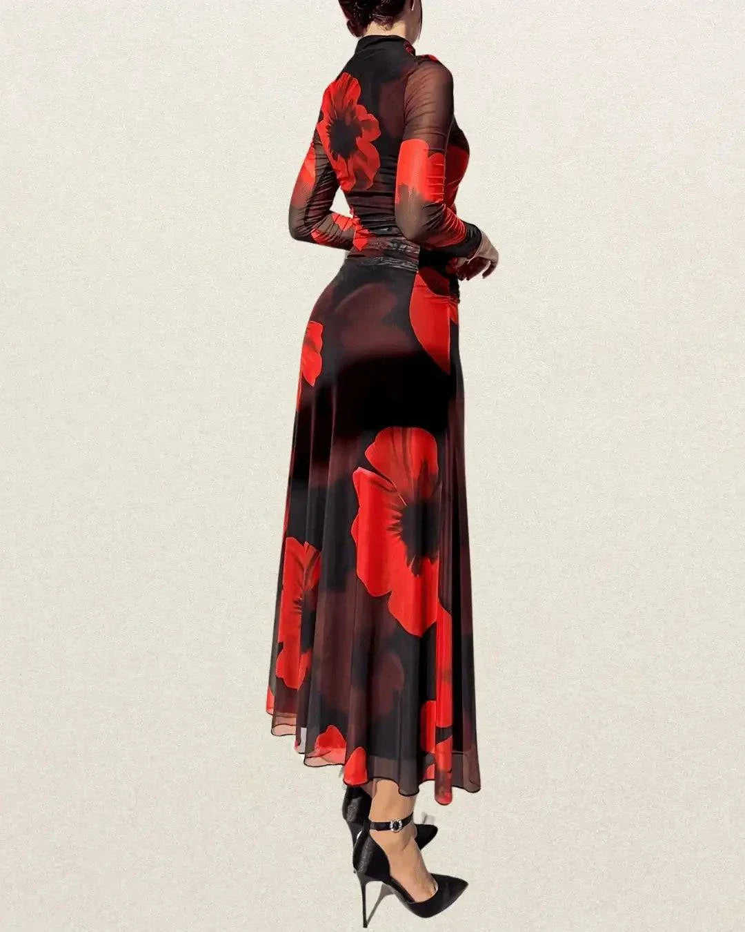 Elegant Floral Print Mesh Splicing Dress – Long Sleeve Bodycon for Spring & Fall - VougeVampUK