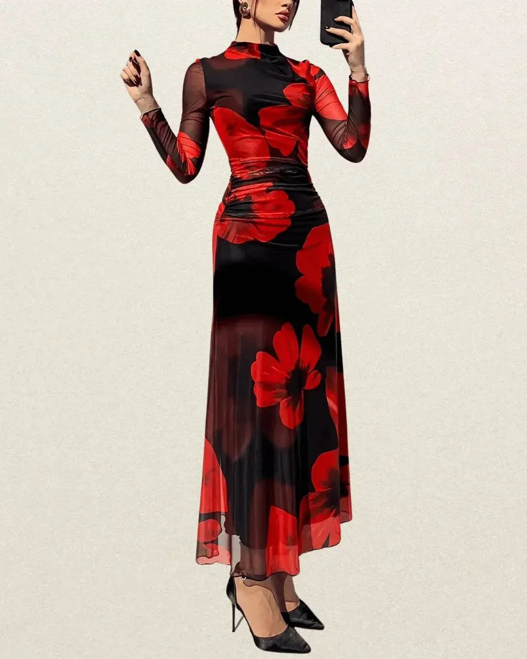 Elegant Floral Print Mesh Splicing Dress – Long Sleeve Bodycon for Spring & Fall - VougeVampUK