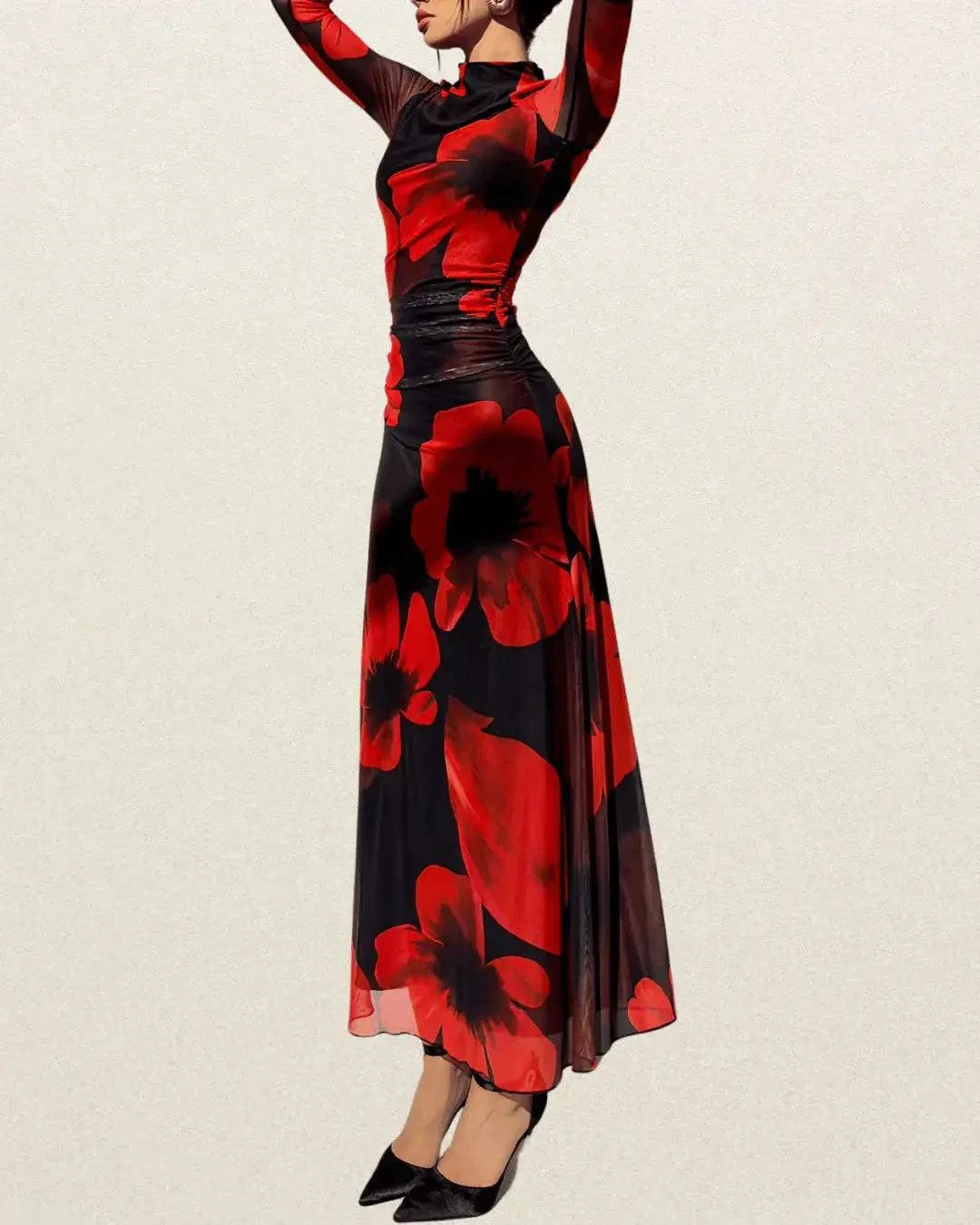 Elegant Floral Print Mesh Splicing Dress – Long Sleeve Bodycon for Spring & Fall - VougeVampUK