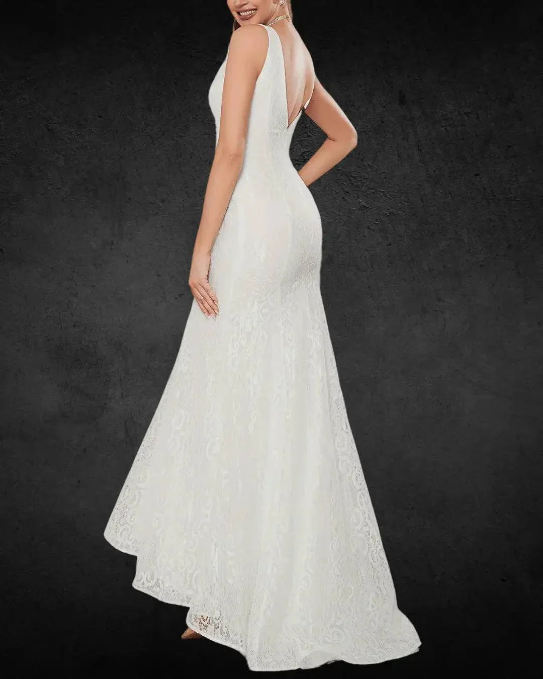 VougeVamp Elegant High-Low Bridal Dress with Plunging Neckline & Lace Fishtail - VougeVampUK