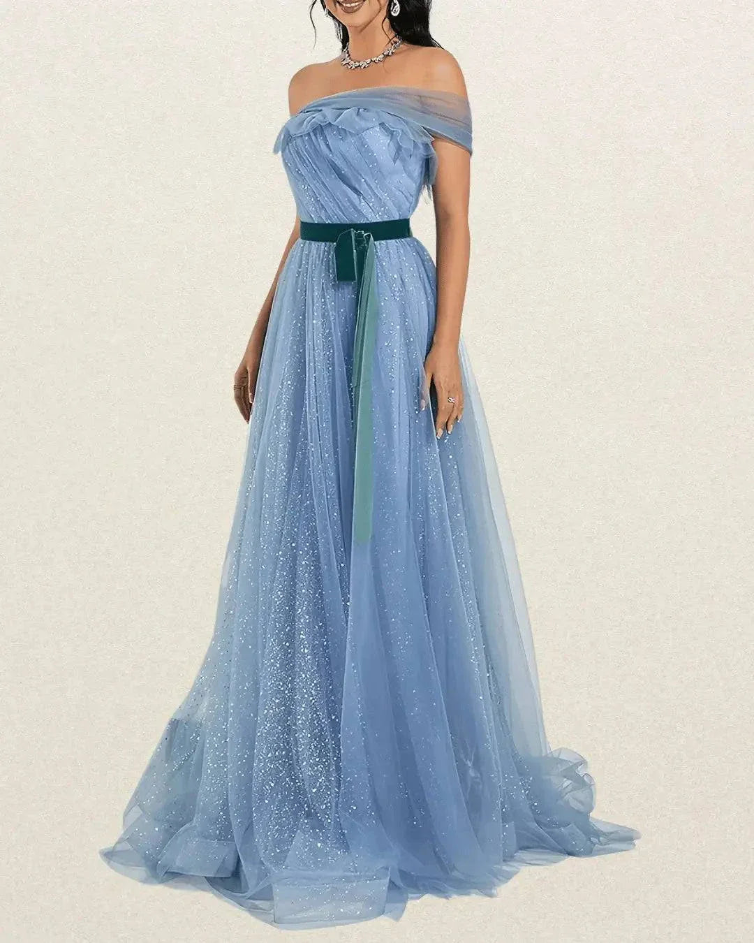 Elegant Off-Shoulder Backless Wedding Gown in Light Blue – Ruffle Detail & Sparkling Embellishments - VougeVampUK