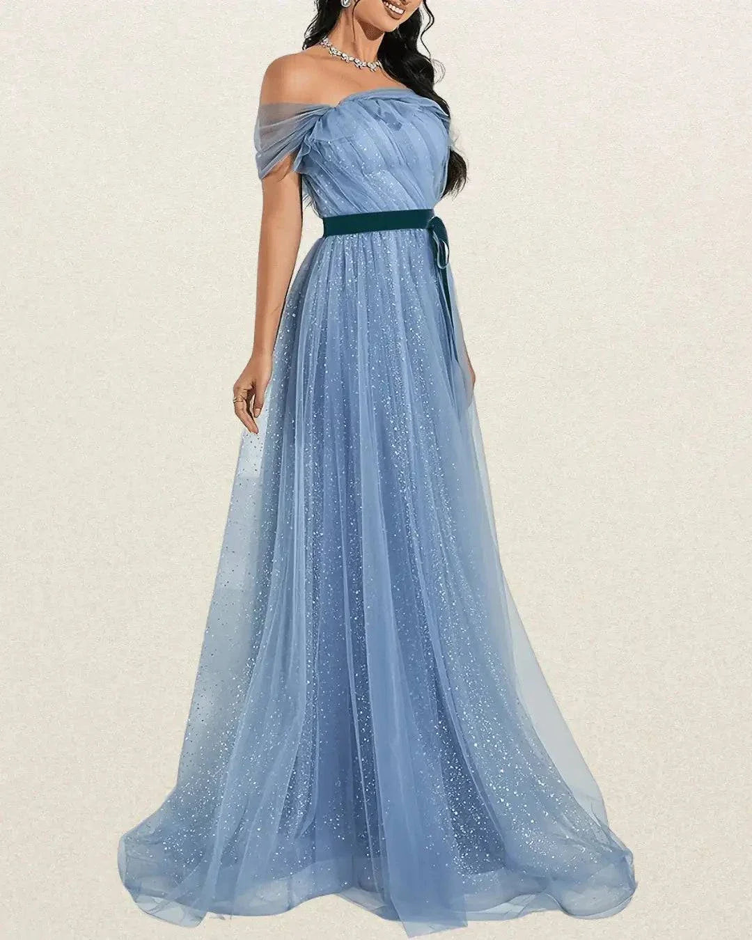 Elegant Off-Shoulder Backless Wedding Gown in Light Blue – Ruffle Detail & Sparkling Embellishments - VougeVampUK