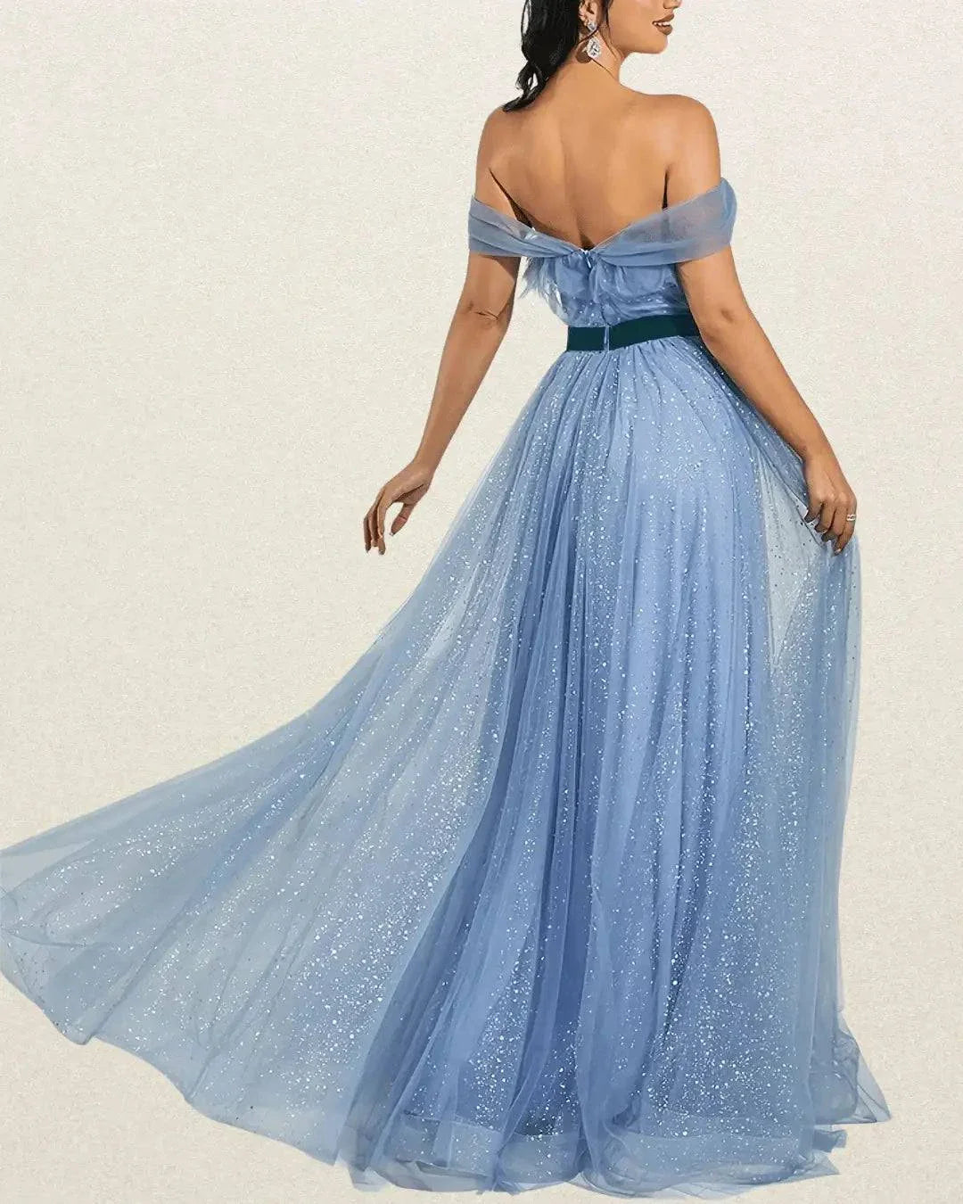 Elegant Off-Shoulder Backless Wedding Gown in Light Blue – Ruffle Detail & Sparkling Embellishments - VougeVampUK