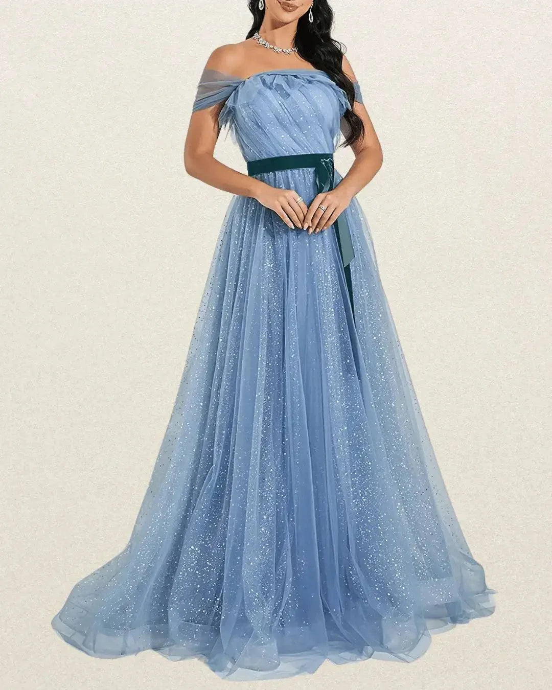 Elegant Off-Shoulder Backless Wedding Gown in Light Blue – Ruffle Detail & Sparkling Embellishments - VougeVampUK