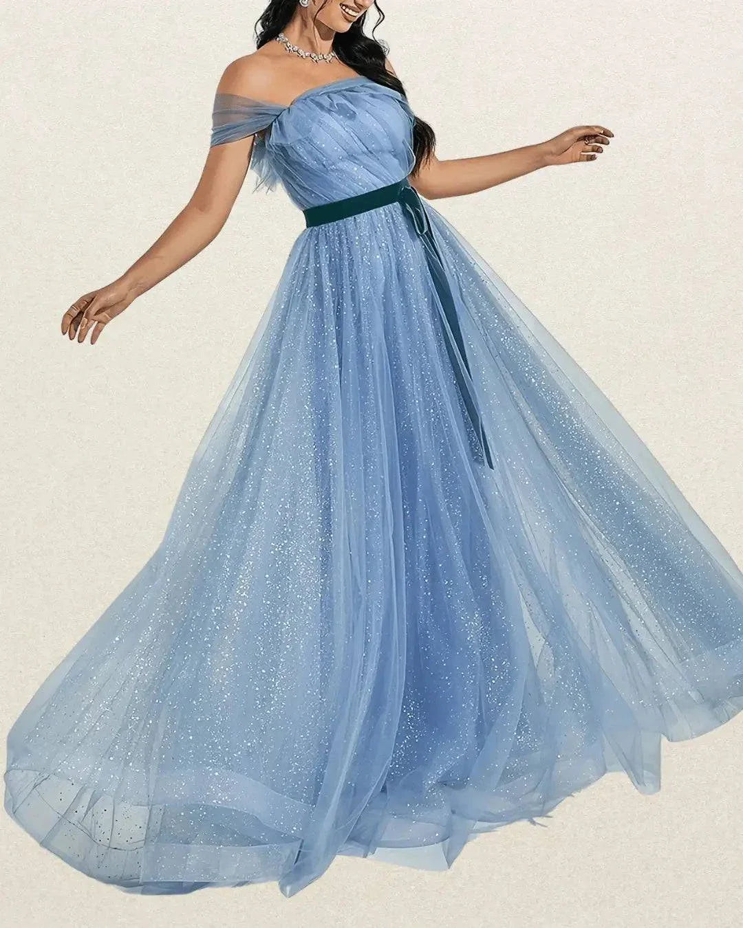 Elegant Off-Shoulder Backless Wedding Gown in Light Blue – Ruffle Detail & Sparkling Embellishments - VougeVampUK