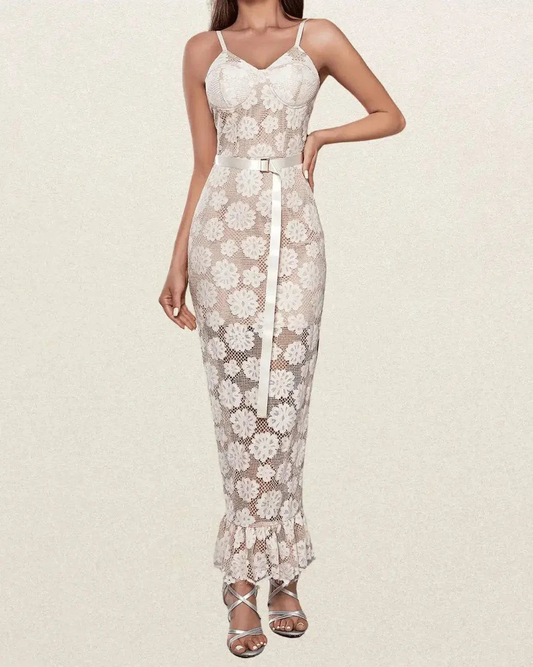 Elegant Off-Shoulder Lace Dress with Belt – Slimming Floral Pattern, Ruffle Hem, Perfect for Weddings & Formal Events - VougeVampUK