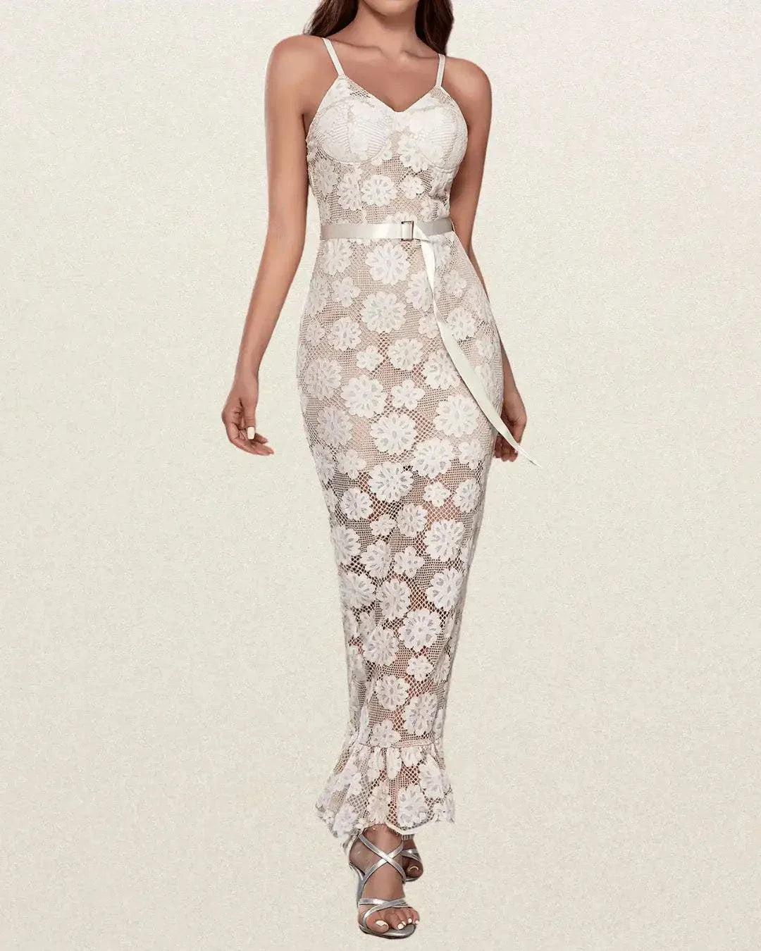 Elegant Off-Shoulder Lace Dress with Belt – Slimming Floral Pattern, Ruffle Hem, Perfect for Weddings & Formal Events - VougeVampUK