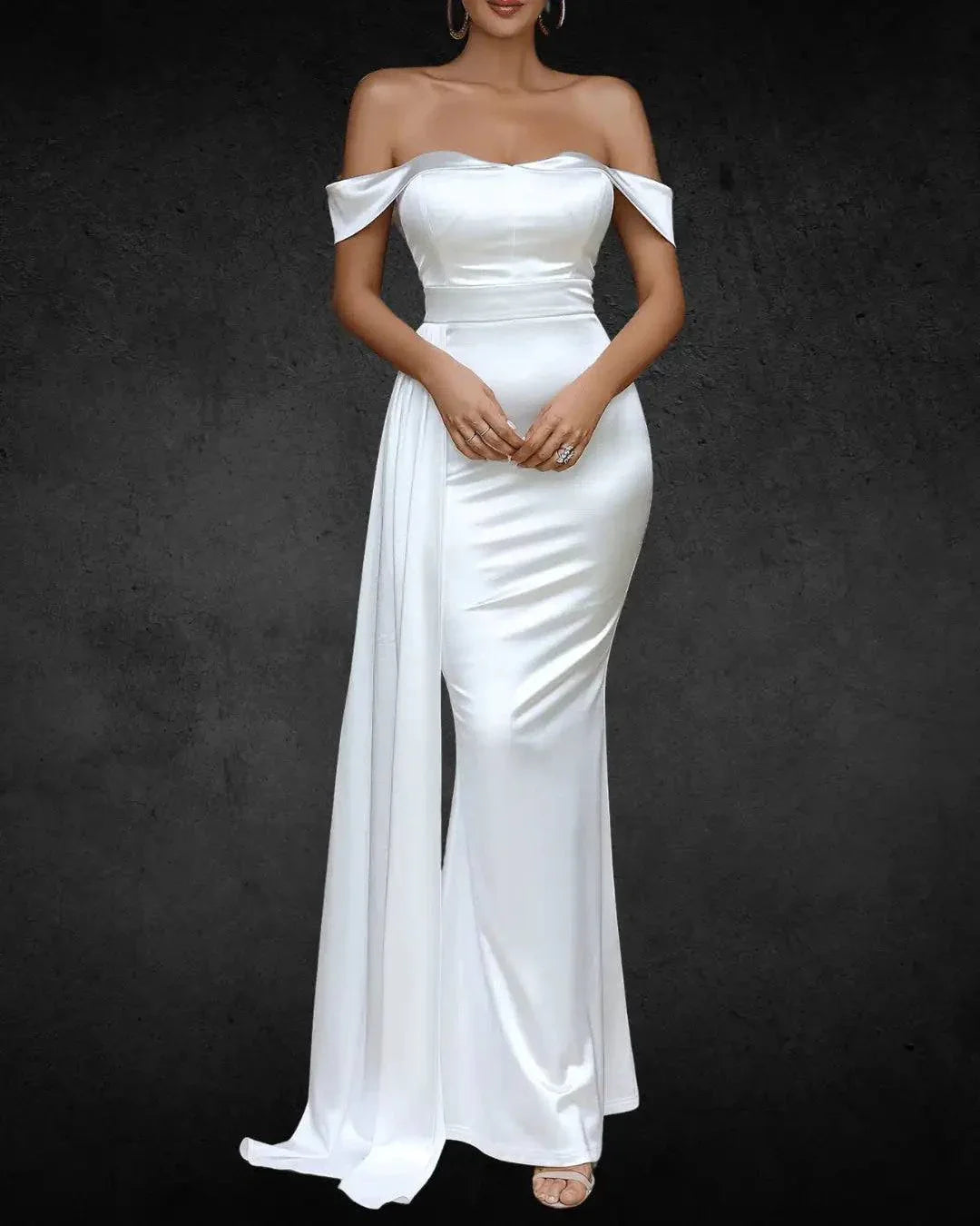 Elegant Off-Shoulder Satin Bridal Gown – Fitted Strapless Wedding Dress for Women, Solid Color Polyester Party Attire - VougeVampUK