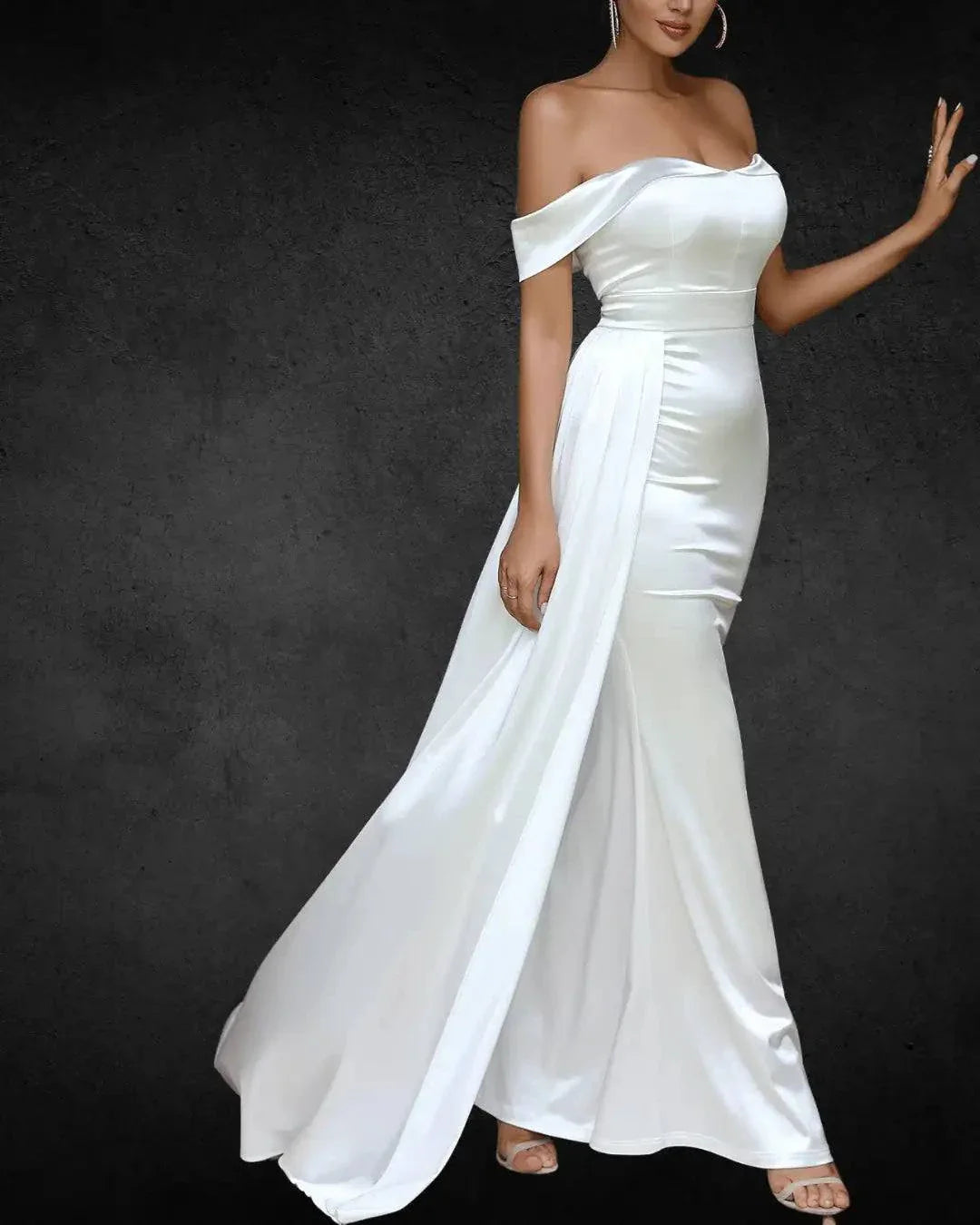 Elegant Off-Shoulder Satin Bridal Gown – Fitted Strapless Wedding Dress for Women, Solid Color Polyester Party Attire - VougeVampUK