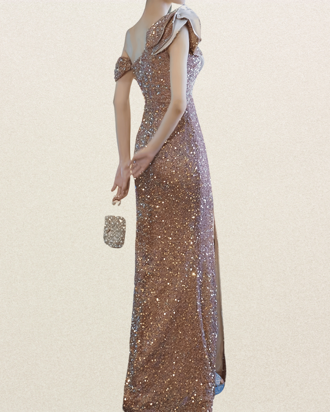 Elegant Off-Shoulder Sequin Mermaid Bridesmaid Dress - Luxurious French-Inspired Evening Gown with Ruffled Detail, Split Hem