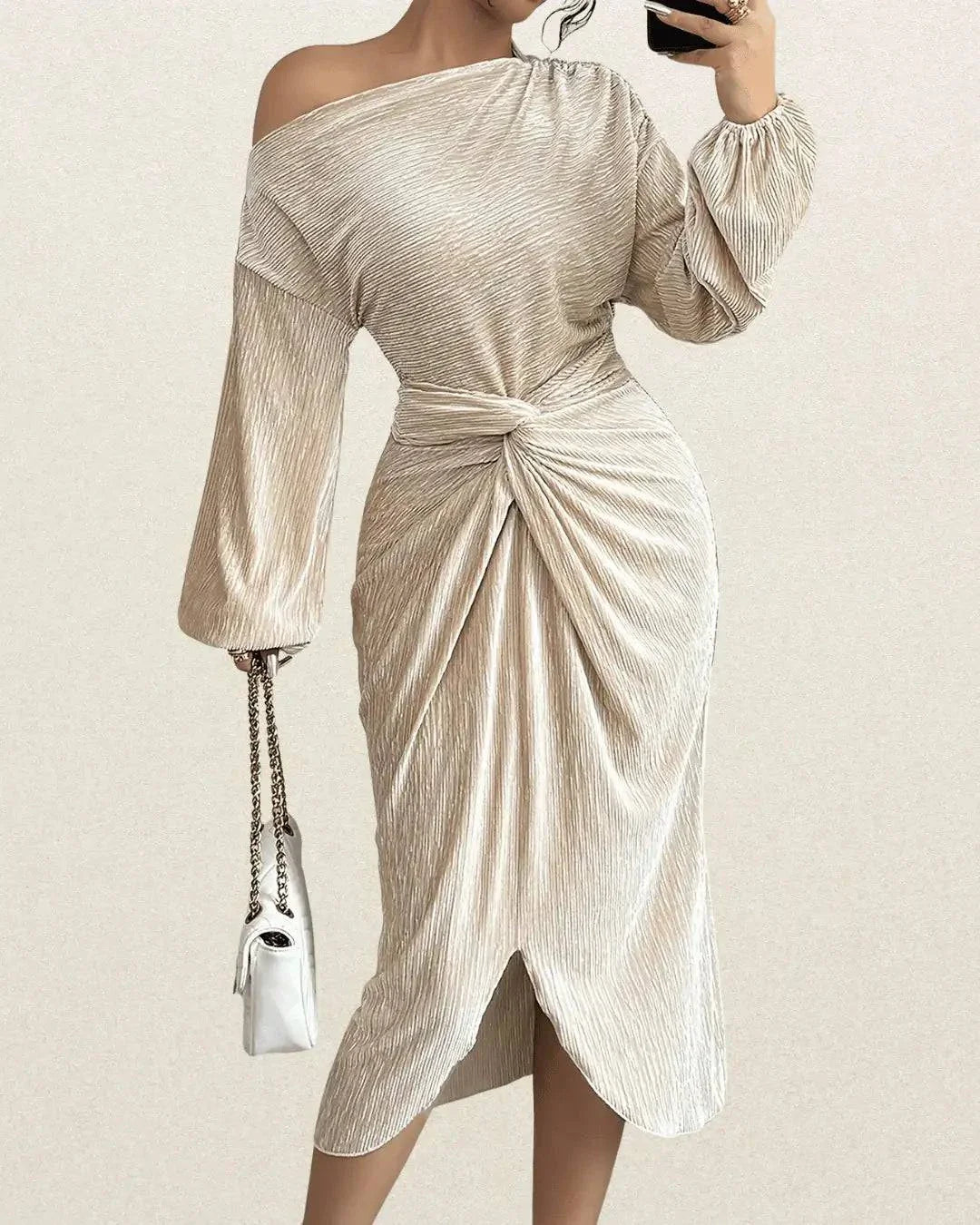 Elegant One-Shoulder Long Sleeve Bodycon Dress for Women – Metallic Coating, Back Bow Detail - VougeVampUK