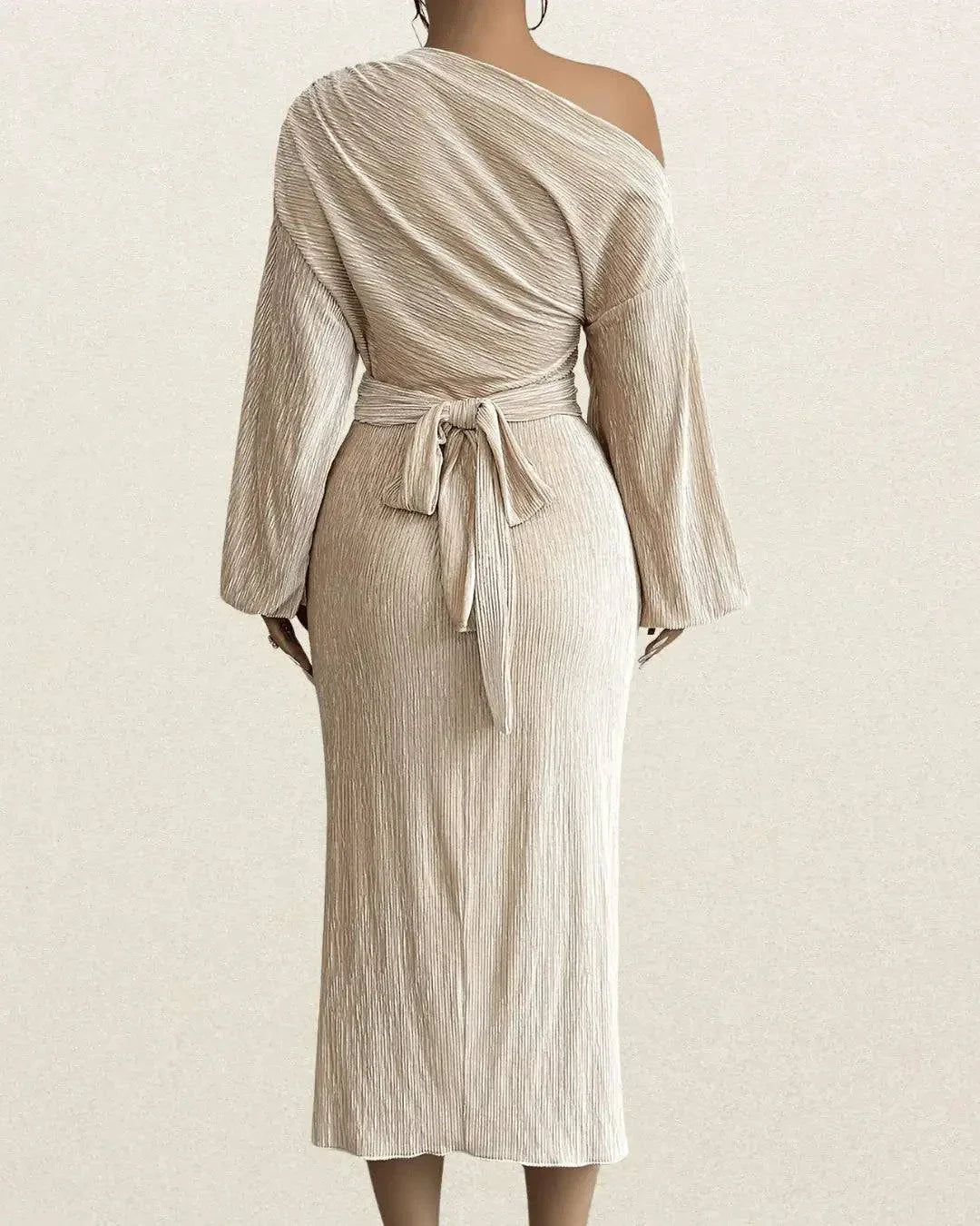 Elegant One-Shoulder Long Sleeve Bodycon Dress for Women – Metallic Coating, Back Bow Detail - VougeVampUK