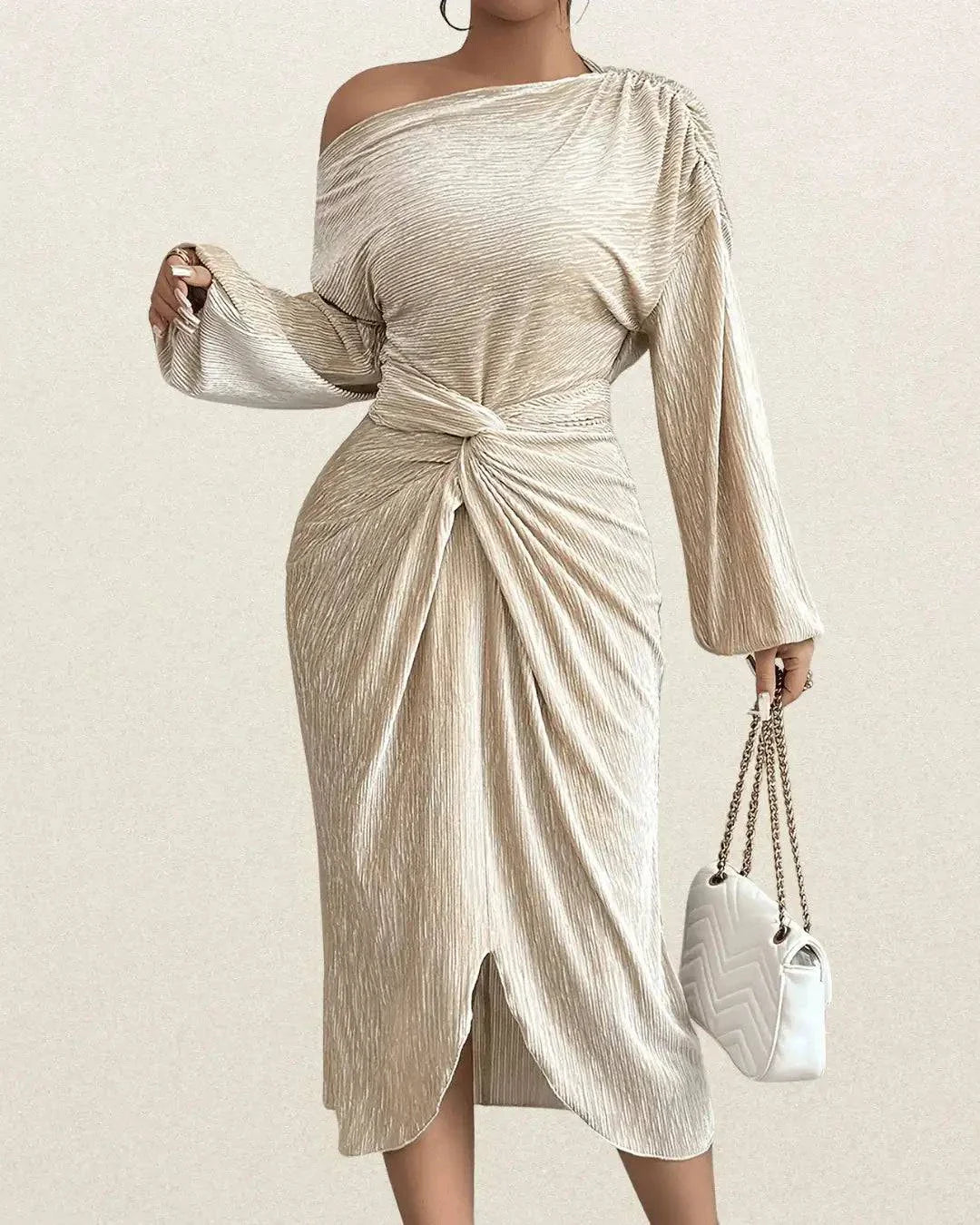 Elegant One-Shoulder Long Sleeve Bodycon Dress for Women – Metallic Coating, Back Bow Detail - VougeVampUK