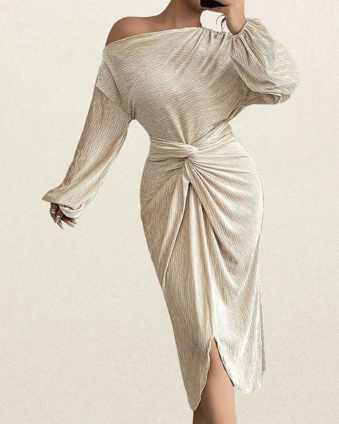 Elegant One-Shoulder Long Sleeve Bodycon Dress for Women – Metallic Coating, Back Bow Detail - VougeVampUK