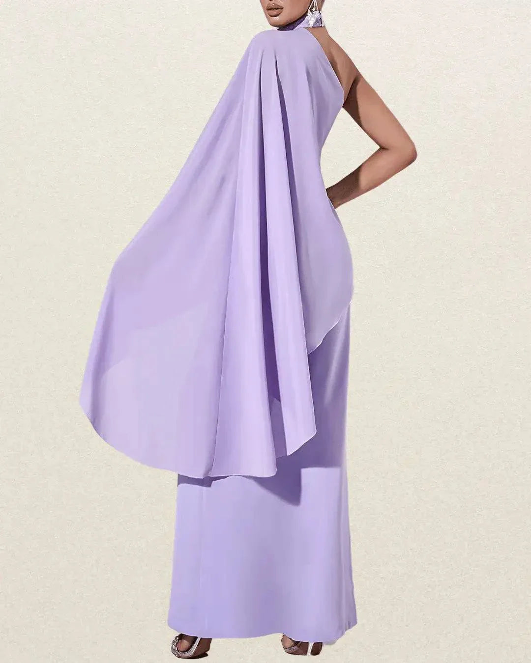 Elegant One-Shoulder Purple Jumpsuit with Flowing Ribbon Detail – Sleeveless, Wide-Leg