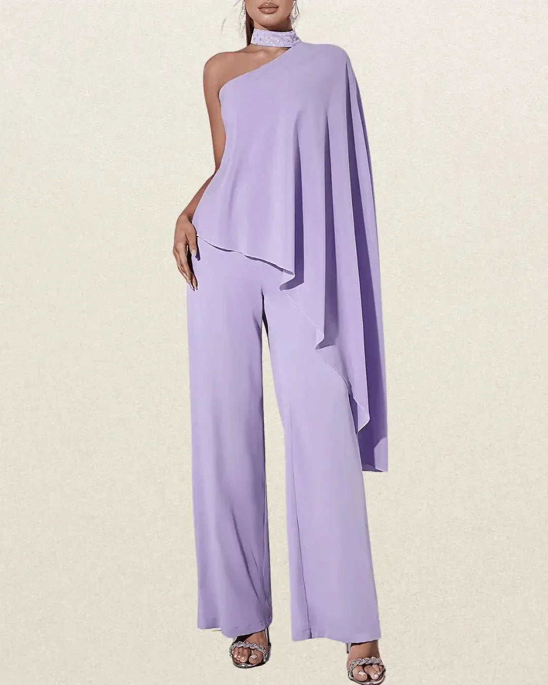 Elegant One-Shoulder Purple Jumpsuit with Flowing Ribbon Detail – Sleeveless, Wide-Leg