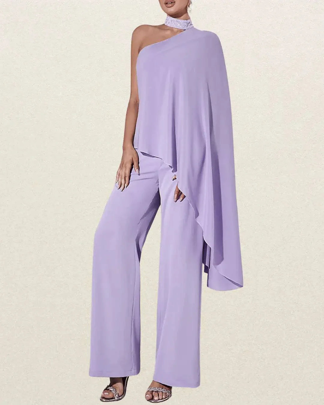 Elegant One-Shoulder Purple Jumpsuit with Flowing Ribbon Detail – Sleeveless, Wide-Leg