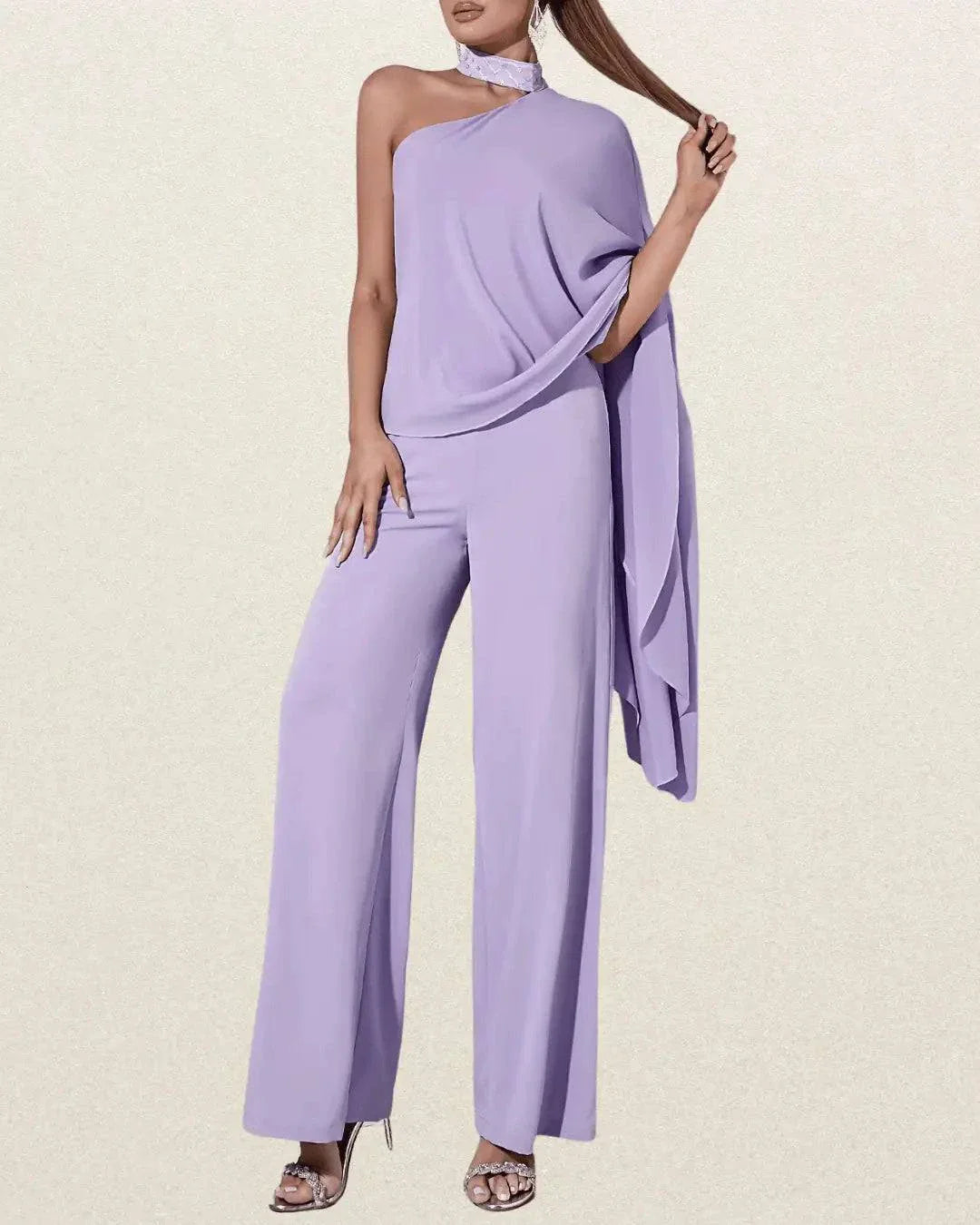Elegant One-Shoulder Purple Jumpsuit with Flowing Ribbon Detail – Sleeveless, Wide-Leg