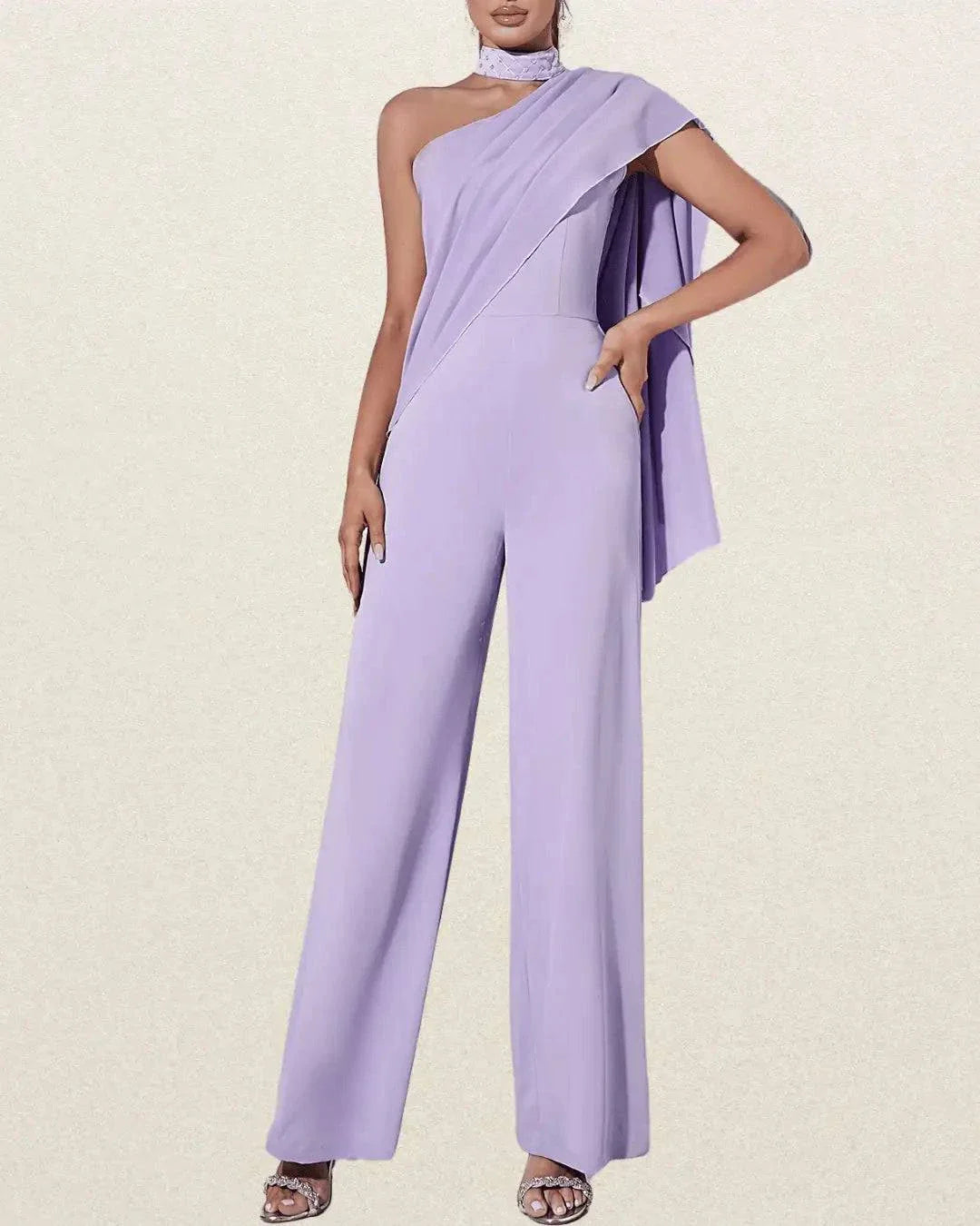 Elegant One-Shoulder Purple Jumpsuit with Flowing Ribbon Detail – Sleeveless, Wide-Leg