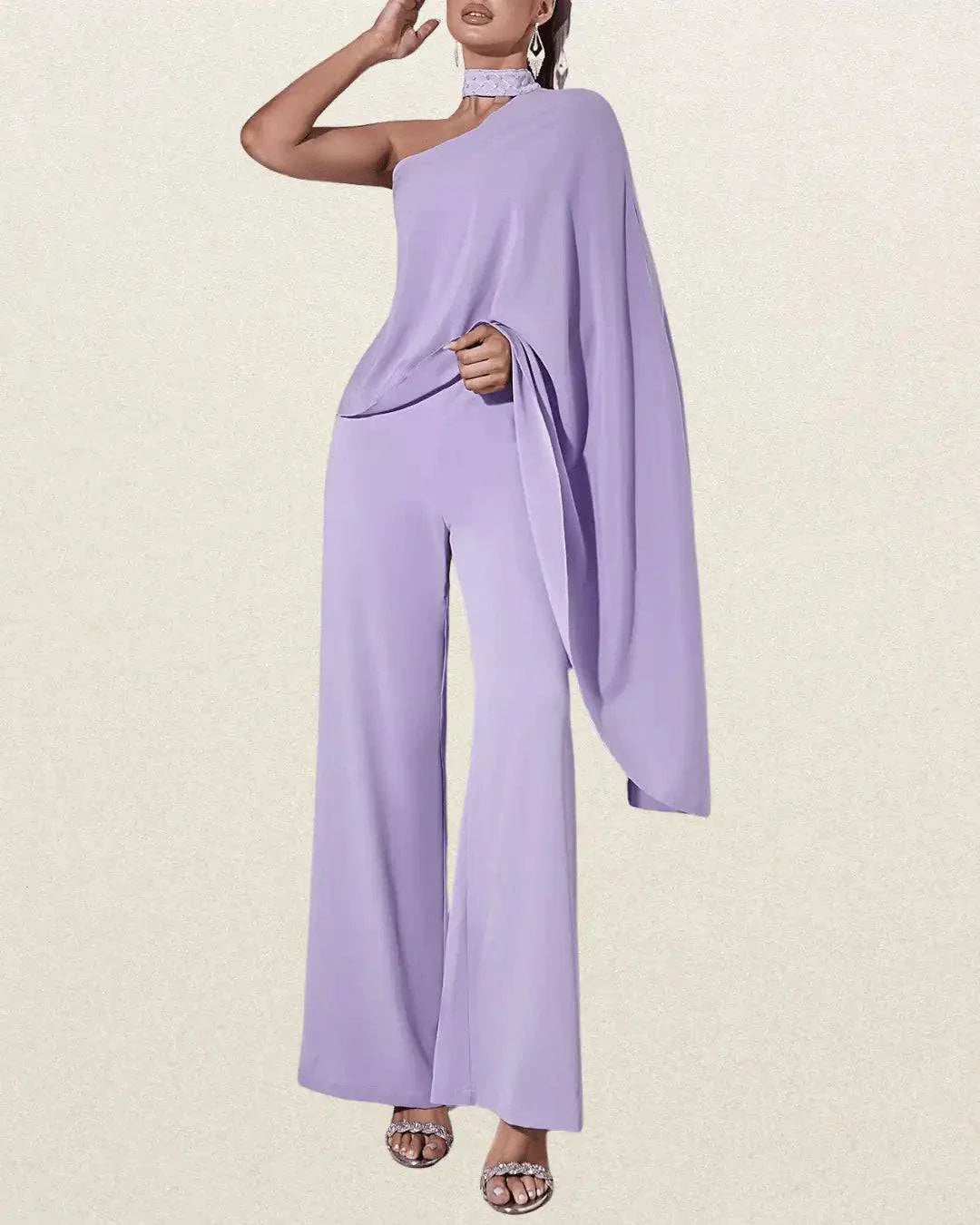 Elegant One-Shoulder Purple Jumpsuit with Flowing Ribbon Detail – Sleeveless, Wide-Leg