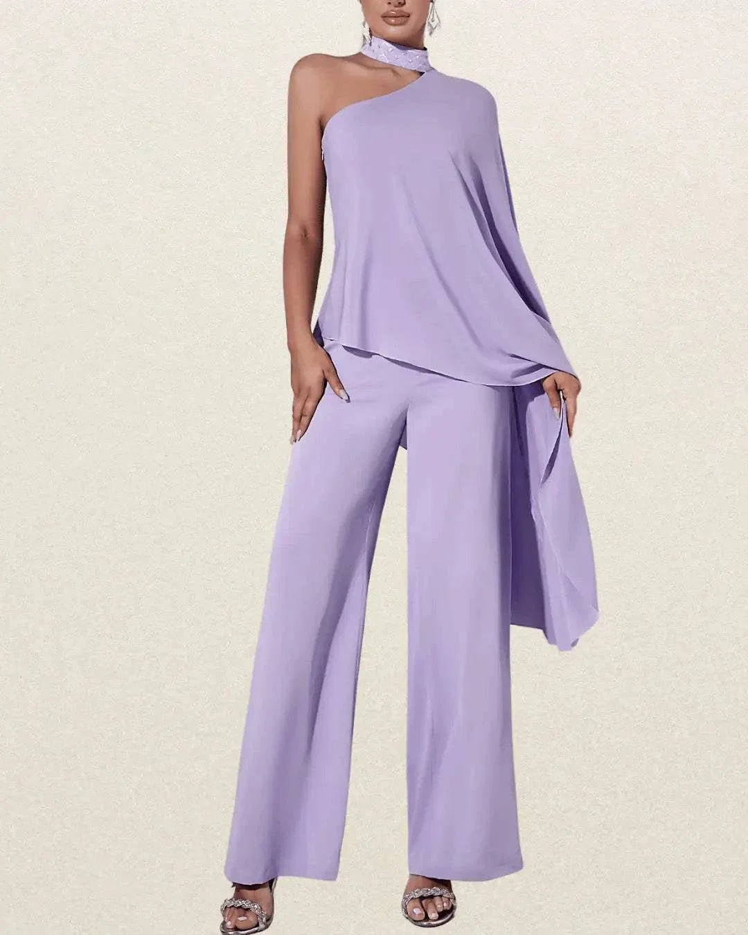 Elegant One-Shoulder Purple Jumpsuit with Flowing Ribbon Detail – Sleeveless, Wide-Leg