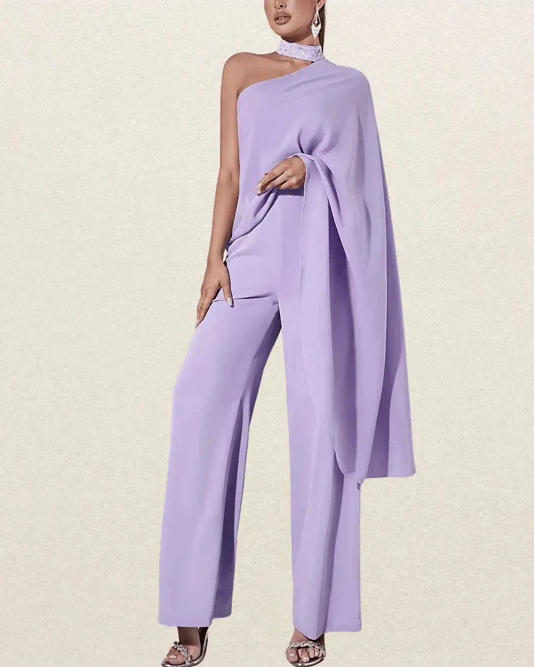 Elegant One-Shoulder Purple Jumpsuit with Flowing Ribbon Detail – Sleeveless, Wide-Leg