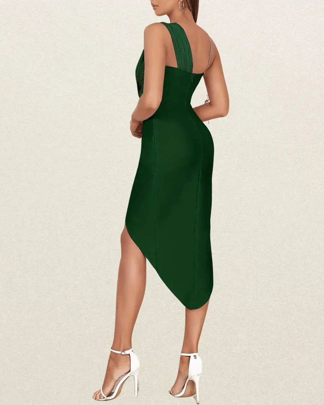 Elegant One-Shoulder Split Dress – Asymmetrical Straps, V-Neck Bodycon, Machine Washable Stretch Fabric